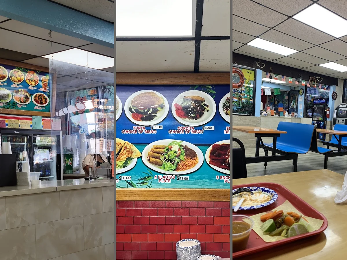 Seafood dishes on a casual restaurant table.