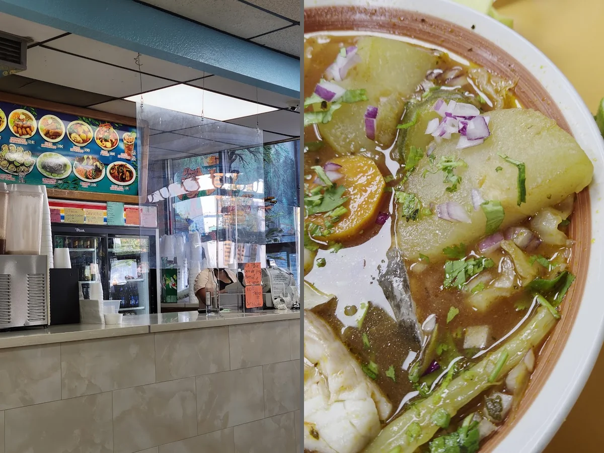 Seafood dishes on a casual restaurant table.