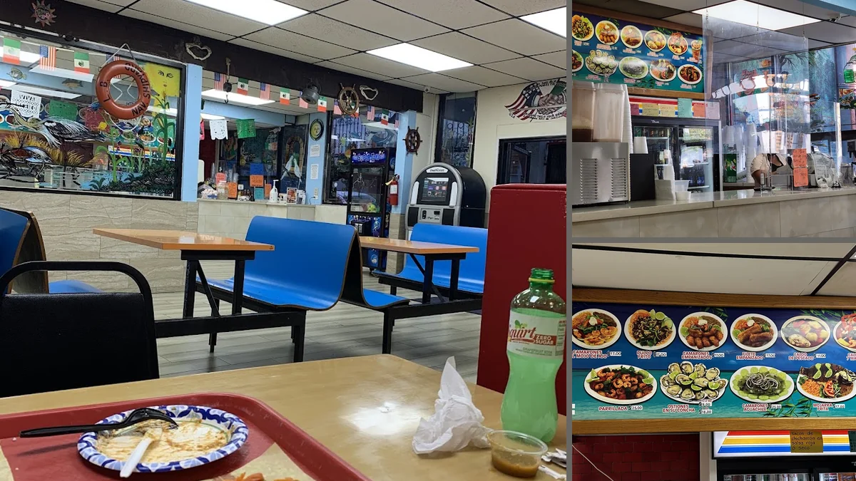 Colorful plates of mariscos and tacos.