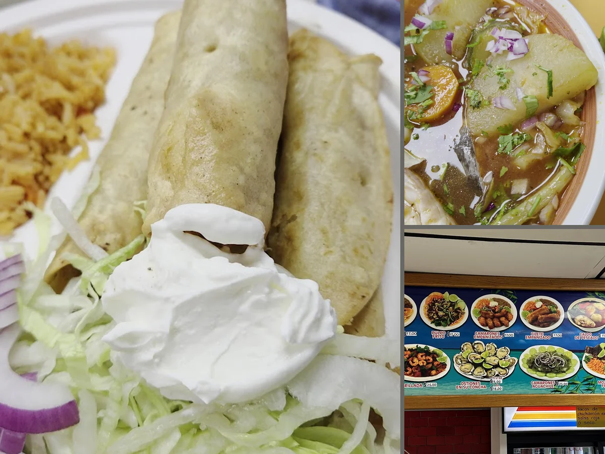 Colorful plates of mariscos and tacos.