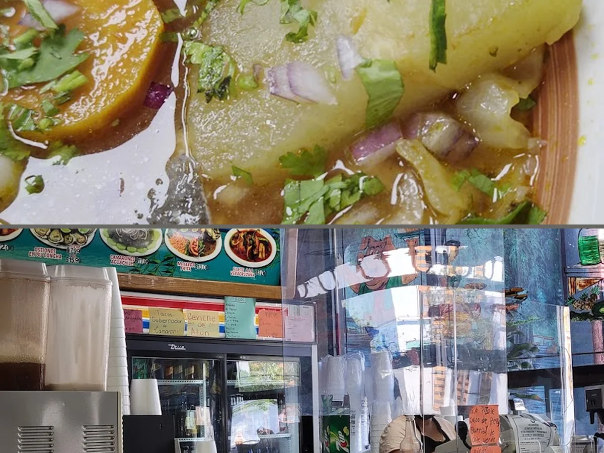 Fresh ceviche beside a chilled drink.