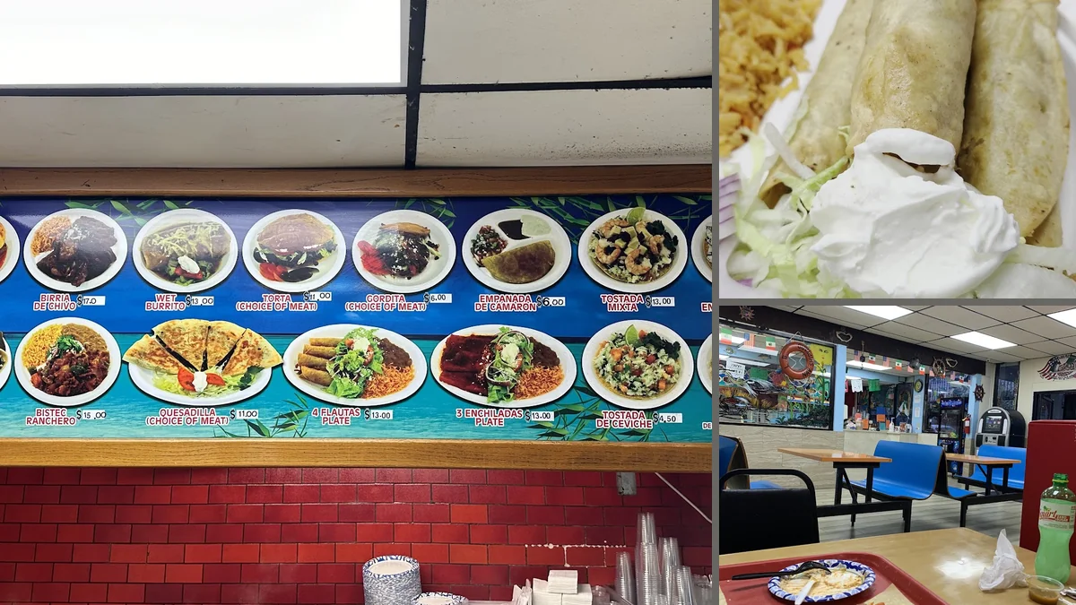 Seafood dishes on a casual restaurant table.